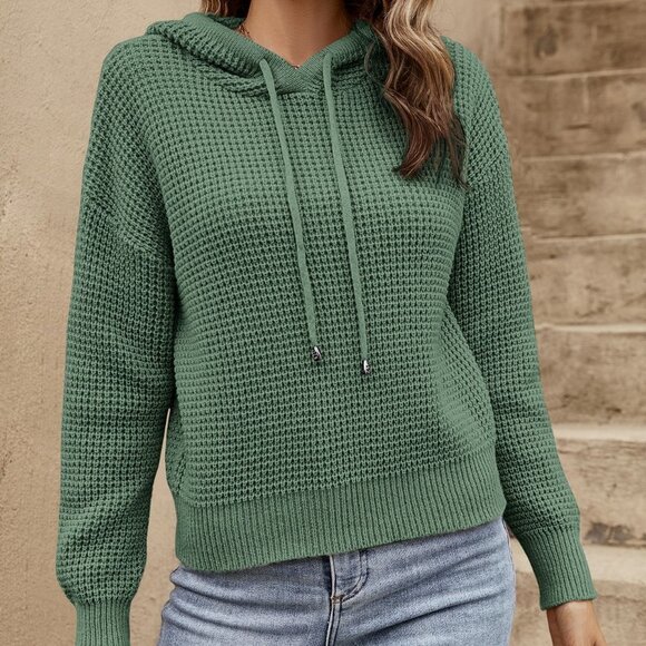 Green Casual Womens Waffle Knit Drop Shoulder Drawstring Hooded Sweater - Picture 4 of 5